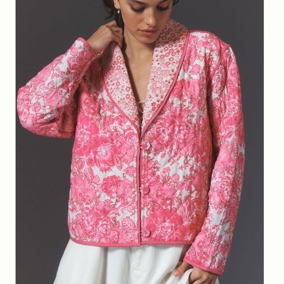 Anthropologie Conditions Apply Floral Printed Quilted Jacket in Pink - Picture 1 of 7
